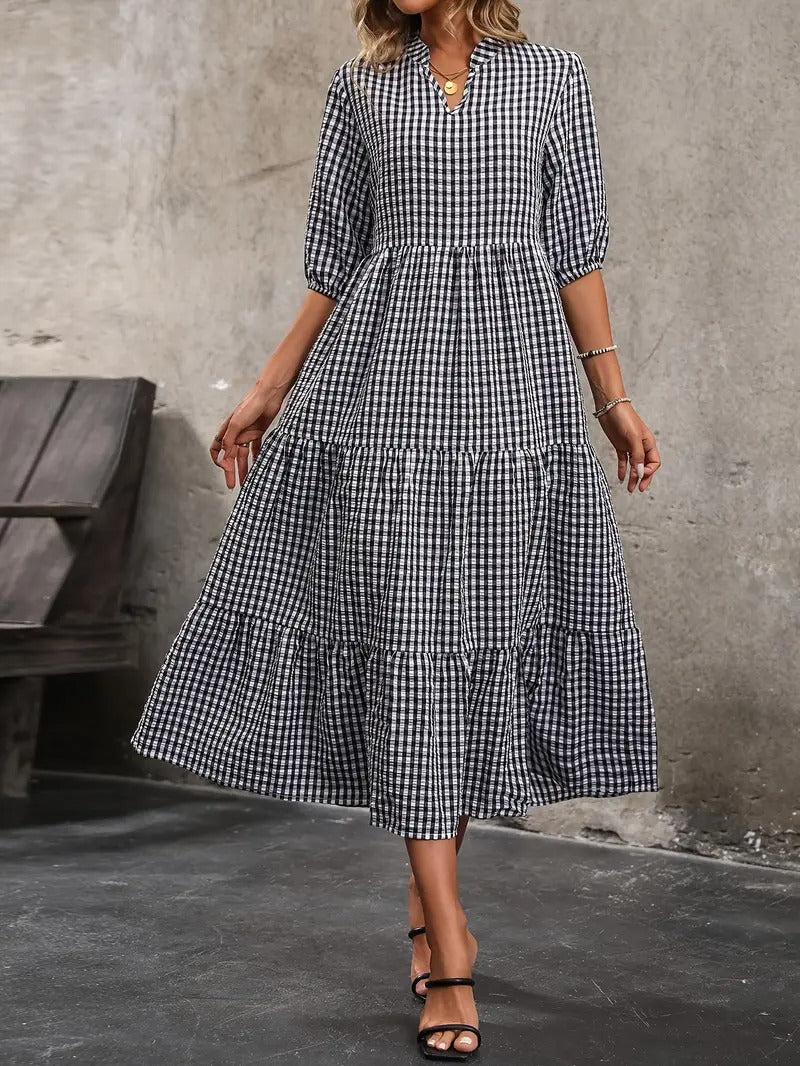 Plaid Pattern A-Line Midi Dress