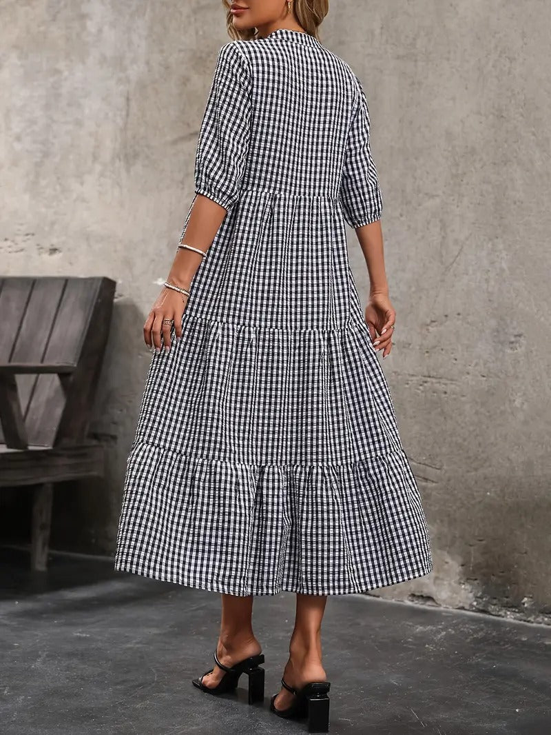 Plaid Pattern A-Line Midi Dress