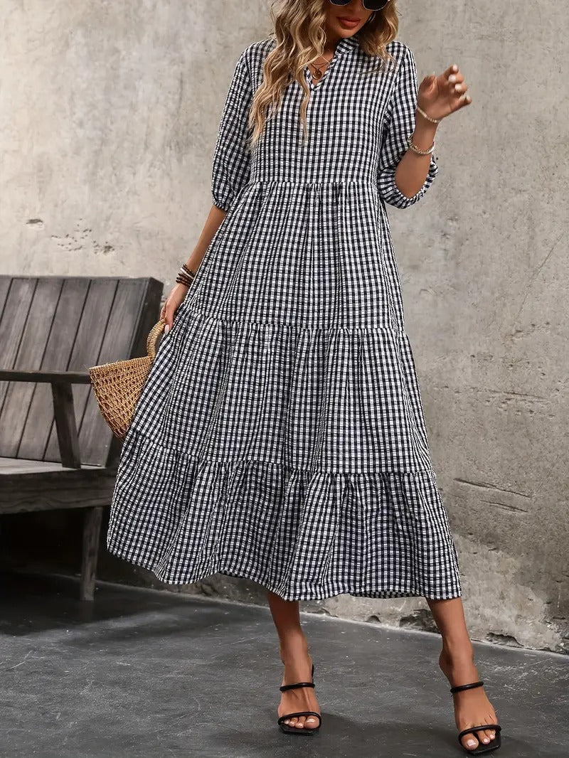 Plaid Pattern A-Line Midi Dress